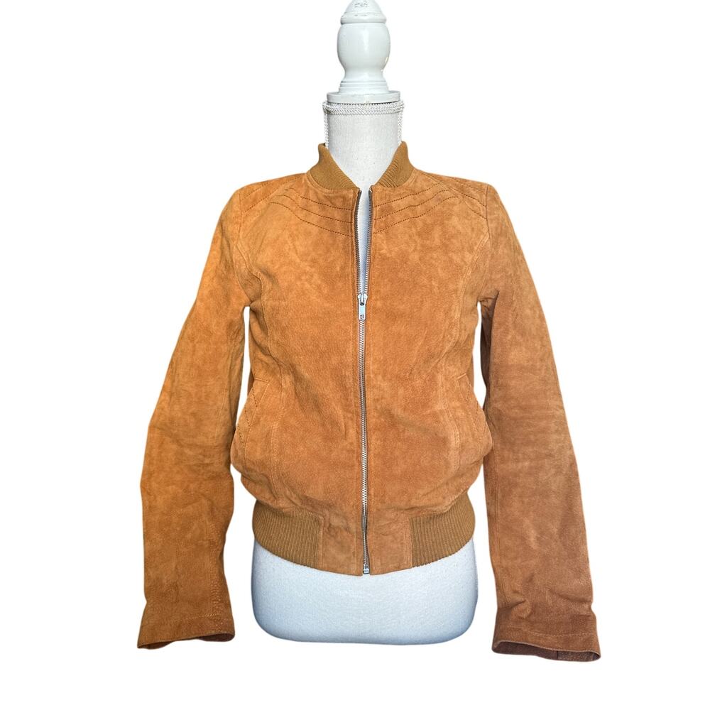 Suede Leather Bomber Jacket Cognac Small